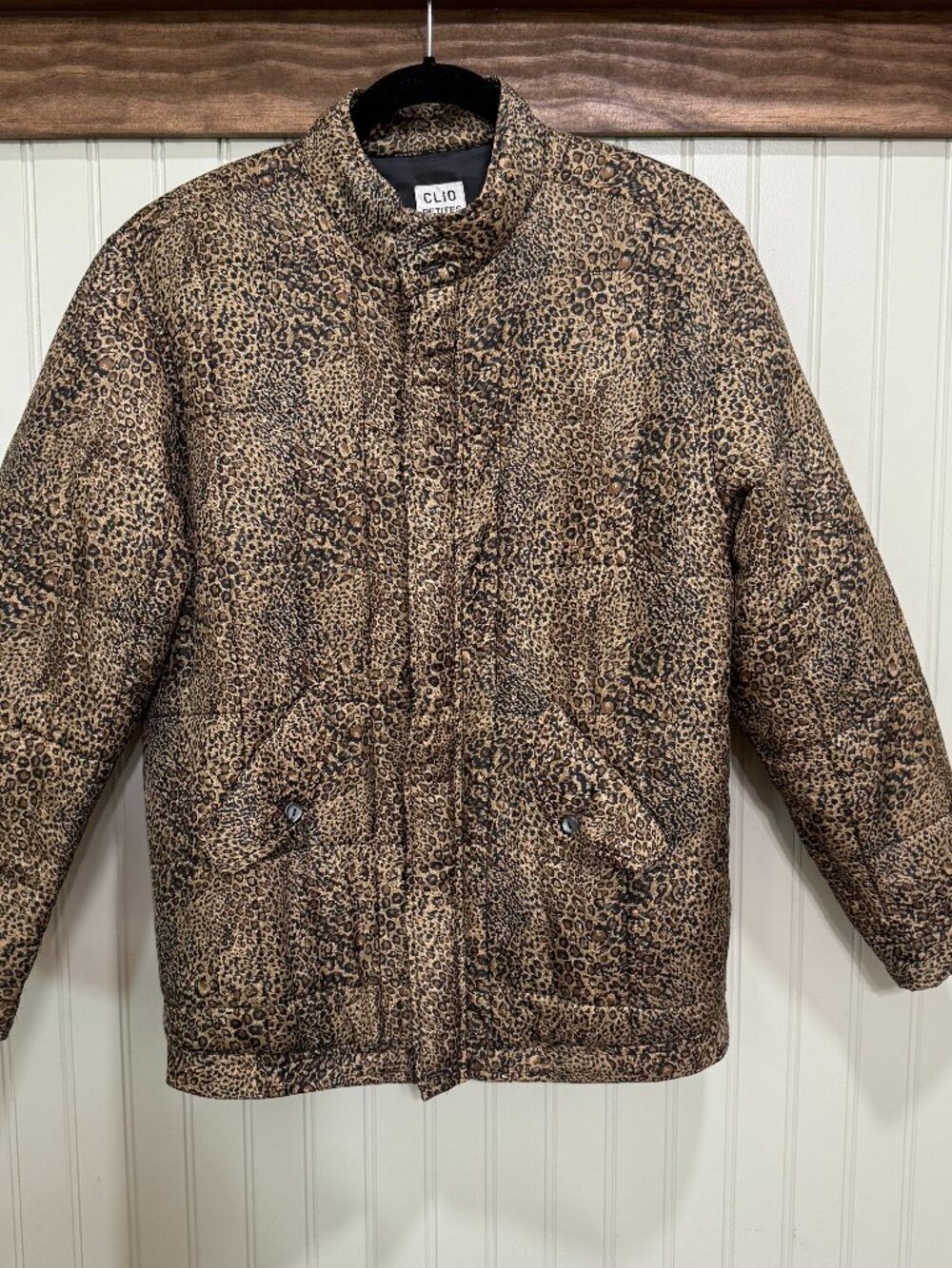 Vintage 90s Clio Petites Silk Leopard Print Quilted Puffer Jacket | Size PM